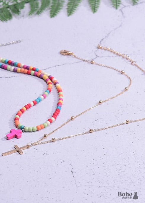 Boho Necklace, Seed Bead Choker, 2 Layers Double Cross